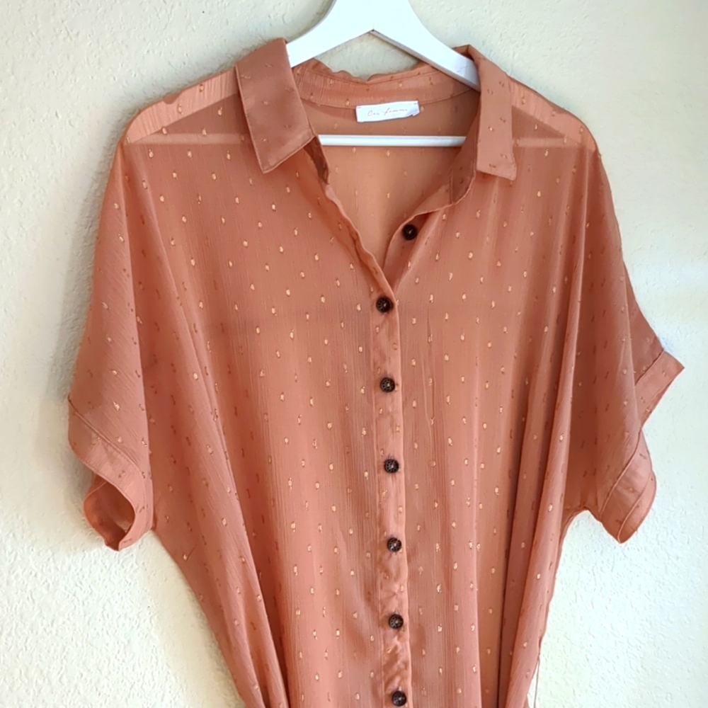 Ces Femme Maxi Shirt Button Through Over shirt Dress Duster Large Blush Gold Dot